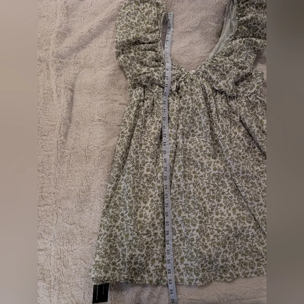 Green Floral Patterned Mini V Neck Puff Sleeve Babydoll Dress L - Picture 9 of 15